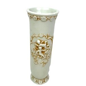 VTG Lefton  Cherub & Floral Bud Vase Porcelain Bisque Raised #1597 6.5 " Tall